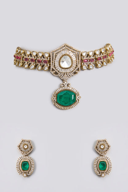 Gold Finish Kundan Polki & Emerald Stone Choker Necklace Set
