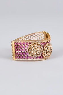 Antique Gold Finish Floral Kundan Polki & Ruby Stone Cuff