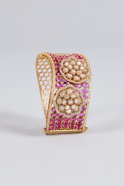 Antique Gold Finish Floral Kundan Polki & Ruby Stone Cuff