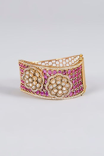 Antique Gold Finish Floral Kundan Polki & Ruby Stone Cuff