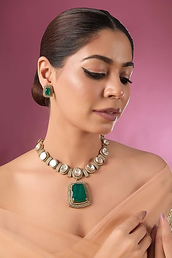 Gold Finish Kundan Polki & Emerald Stone Choker Necklace Set