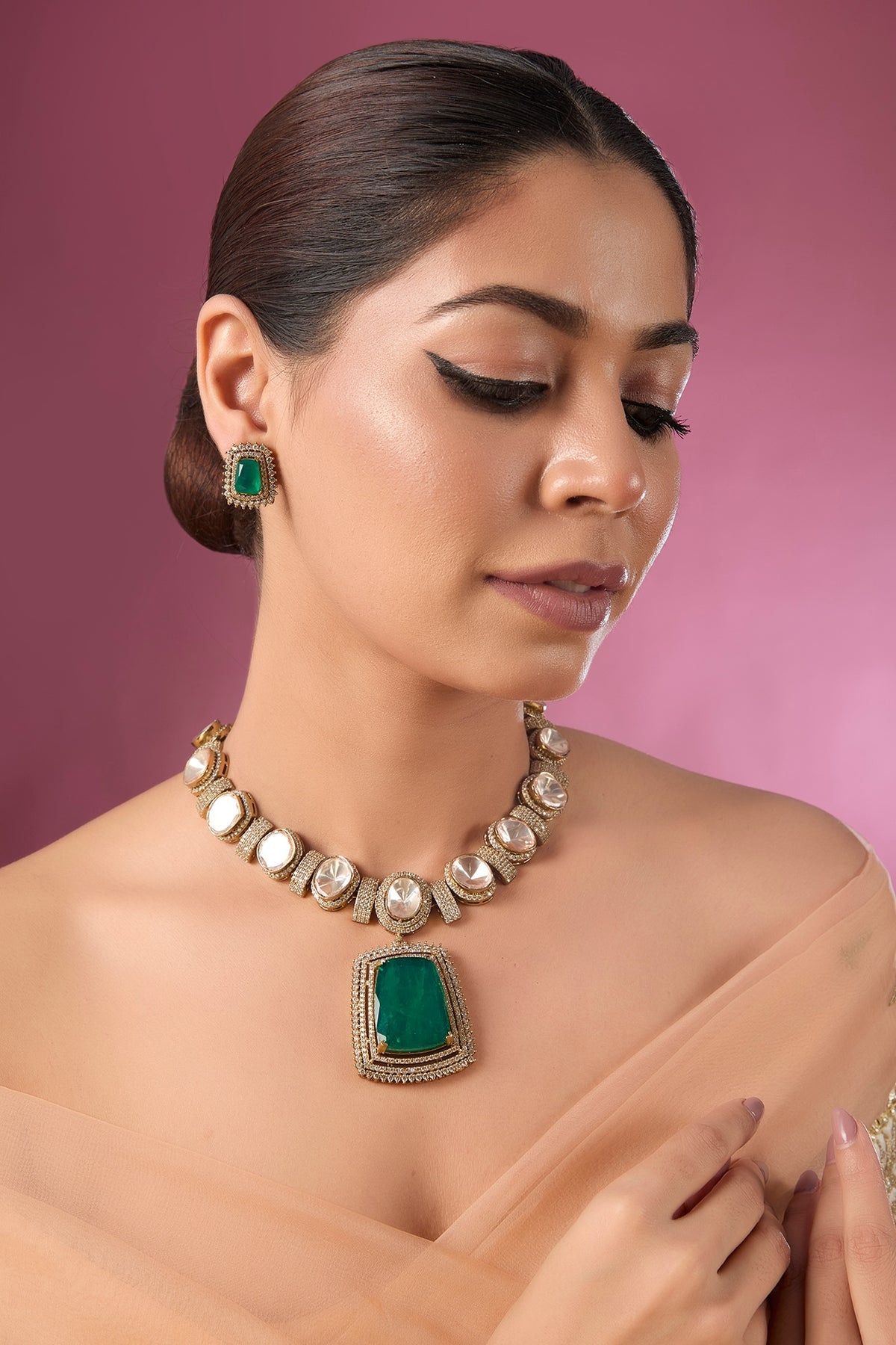 Gold Finish Kundan Polki & Emerald Stone Choker Necklace Set