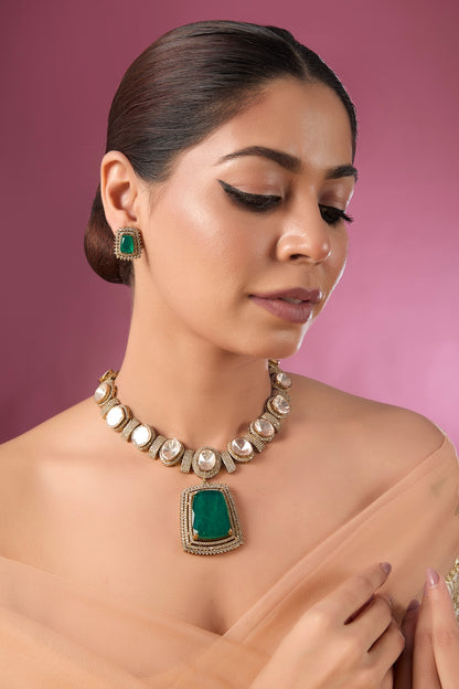 Gold Finish Kundan Polki & Emerald Stone Choker Necklace Set