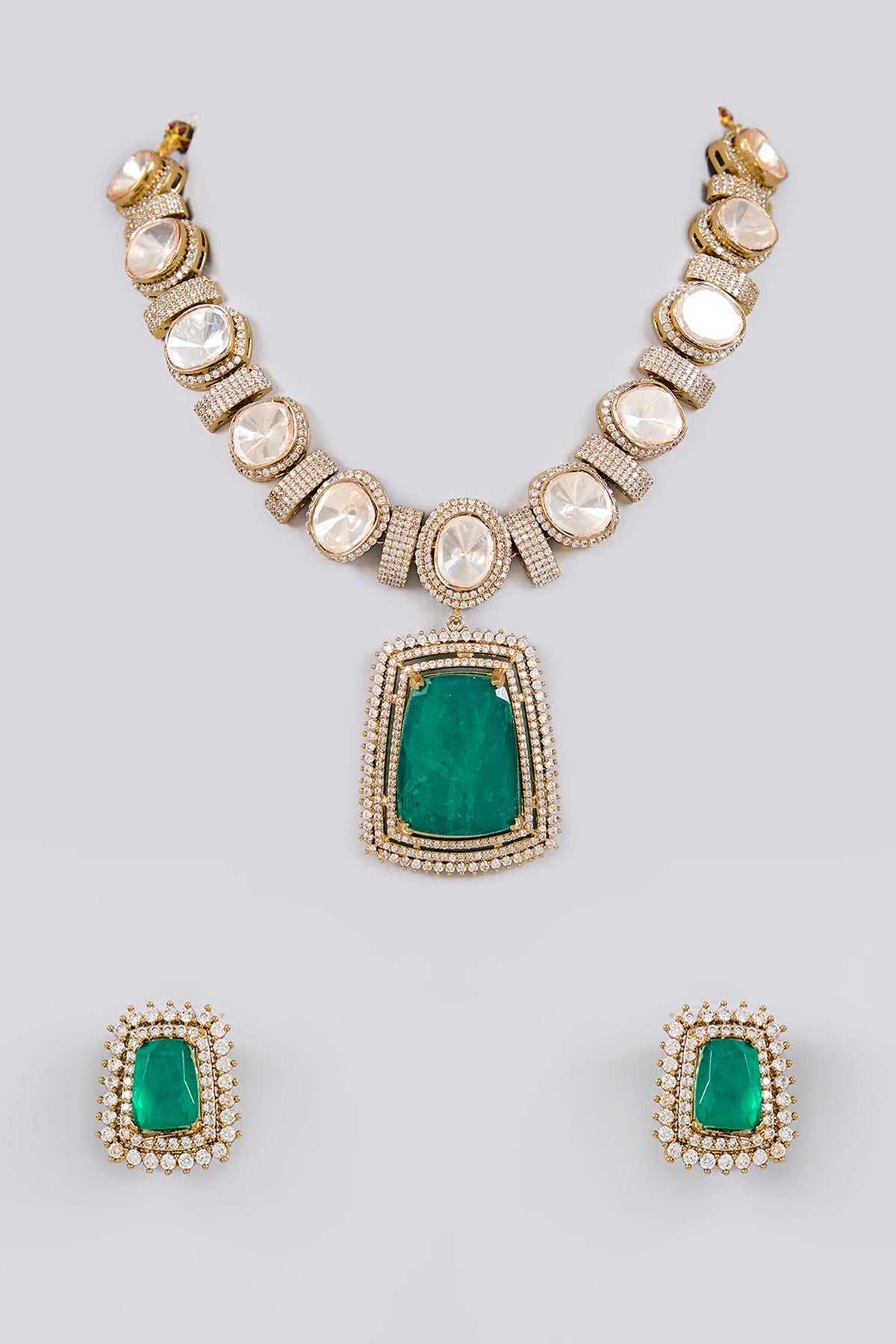 Gold Finish Kundan Polki & Emerald Stone Choker Necklace Set