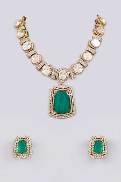 Gold Finish Kundan Polki & Emerald Stone Choker Necklace Set