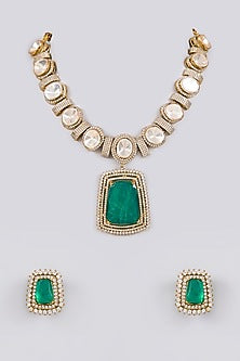 Gold Finish Kundan Polki & Emerald Stone Choker Necklace Set