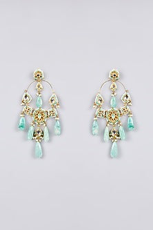 Gold Finish Kundan Polki & Mint Green Beaded Chandbali Earrings