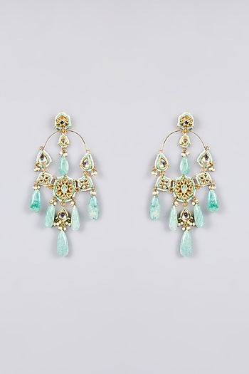 Gold Finish Kundan Polki & Mint Green Beaded Chandbali Earrings