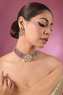 Antique Gold Finish Kundan Polki & Ruby Stone Choker Necklace Set