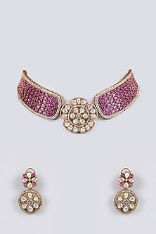 Antique Gold Finish Kundan Polki & Ruby Stone Choker Necklace Set