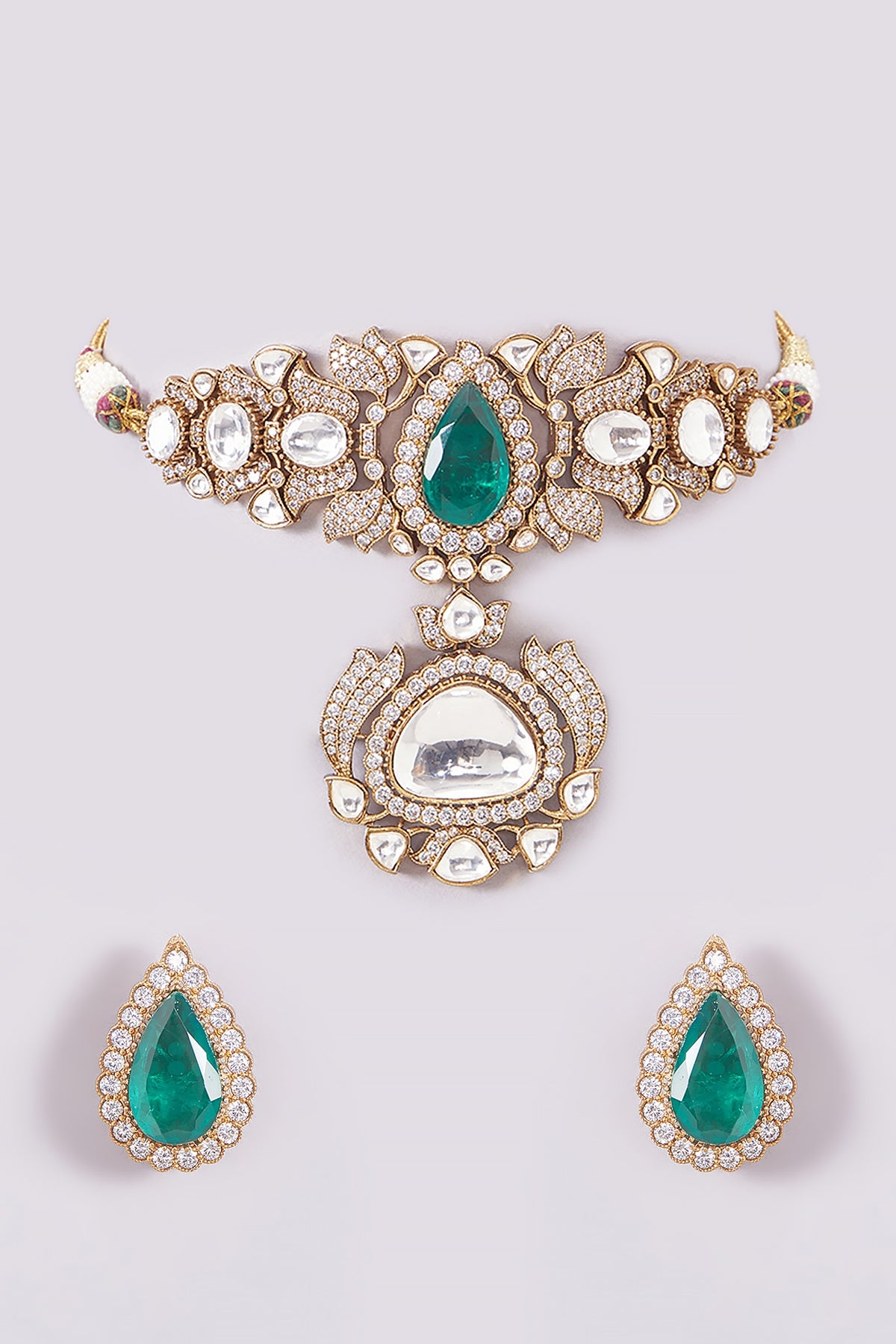 Gold Plated Kundan Polki & Green Stone Choker Necklace Set