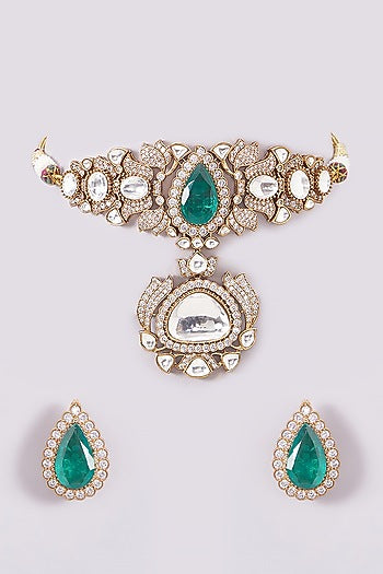 Gold Plated Kundan Polki & Green Stone Choker Necklace Set