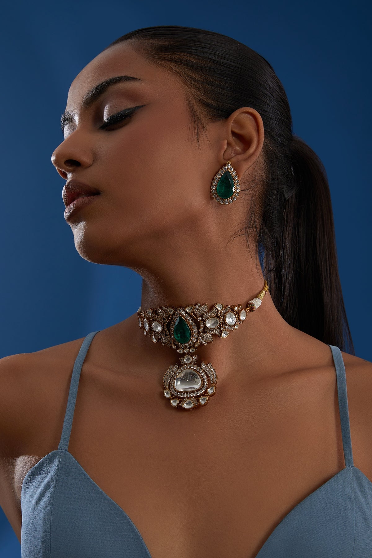 Gold Plated Kundan Polki & Green Stone Choker Necklace Set