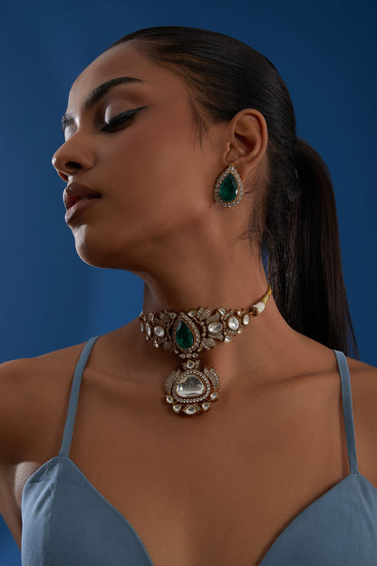 Gold Plated Kundan Polki & Green Stone Choker Necklace Set