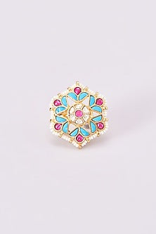 Gold Plated Kundan & Blue Stone Ring