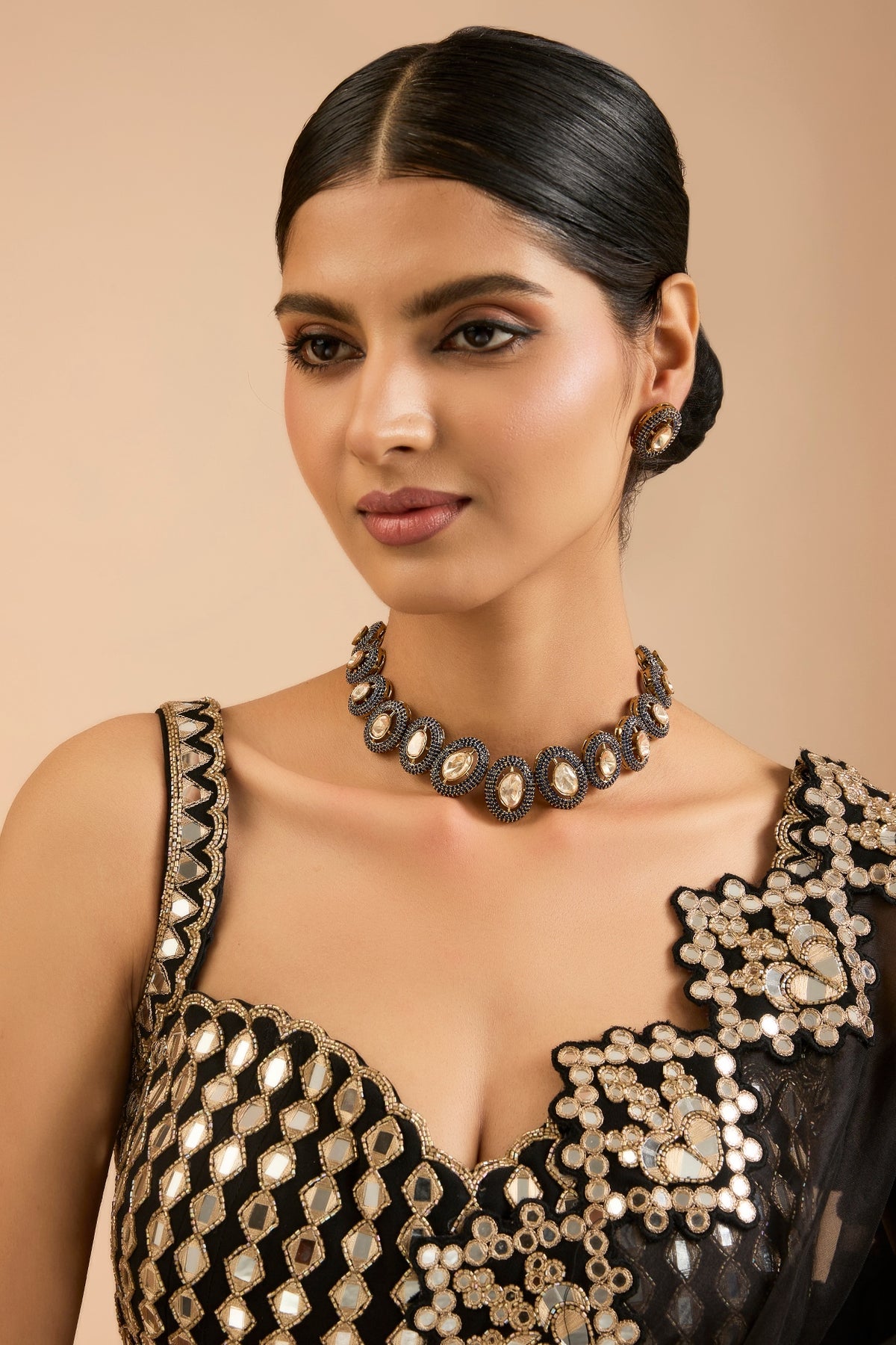 Two Tone Finish Kundan Polki & Beaded Necklace Set