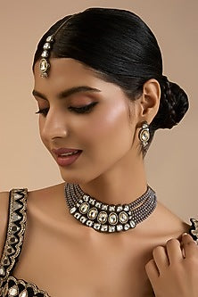 Gold Finish Kundan Polki & Grey Beaded Handcrafted Necklace Set