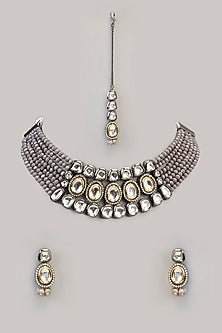 Gold Finish Kundan Polki & Grey Beaded Handcrafted Necklace Set