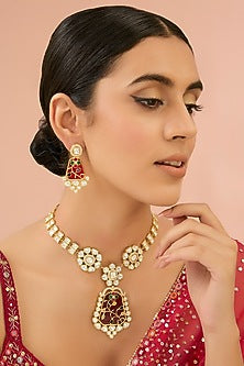 Gold Finish Kundan Polki & Red Beaded Handcrafted Necklace Set