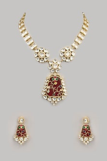 Gold Finish Kundan Polki & Red Beaded Handcrafted Necklace Set