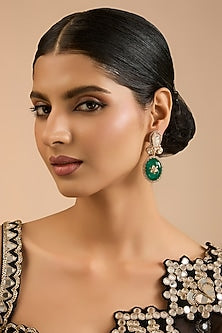 Gold Finish Kundan Polki & Green Stone Dangler Earrings