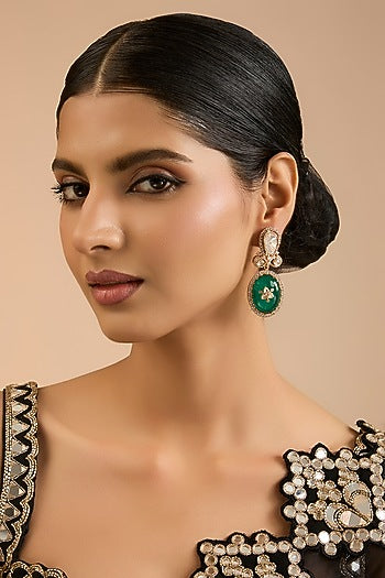 Gold Finish Kundan Polki & Green Stone Dangler Earrings