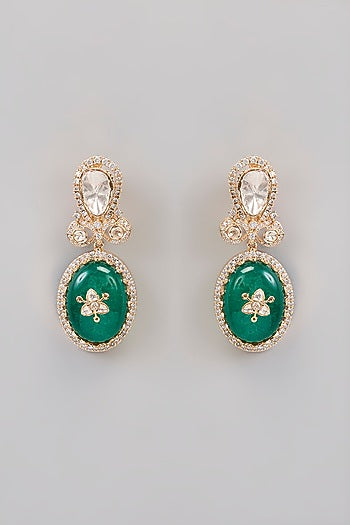 Gold Finish Kundan Polki & Green Stone Dangler Earrings