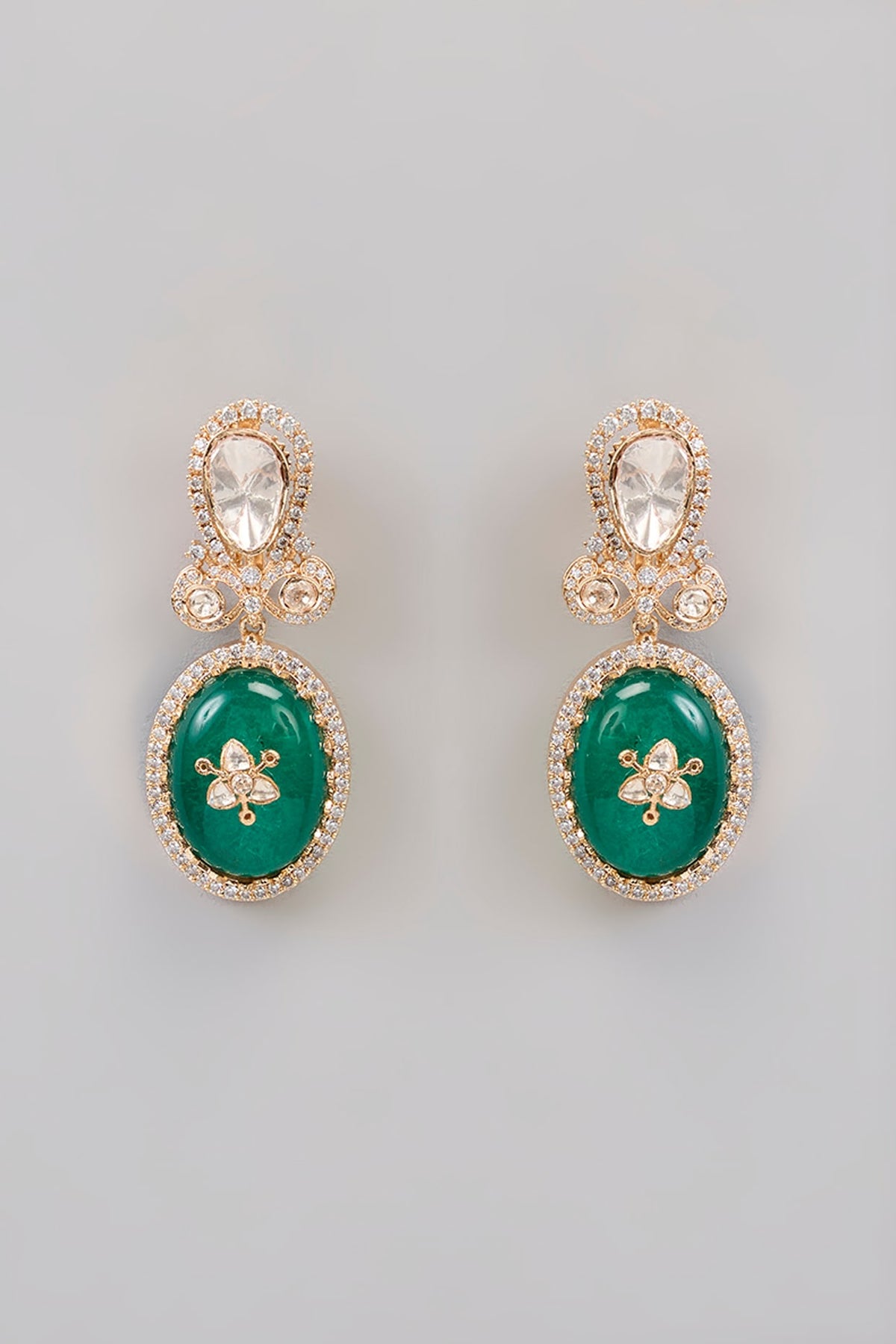 Gold Finish Kundan Polki & Green Stone Dangler Earrings