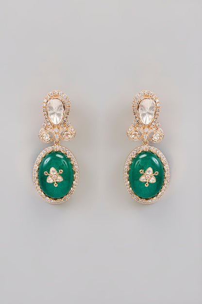 Gold Finish Kundan Polki & Green Stone Dangler Earrings
