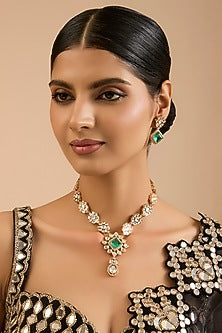 Gold Finish Kundan Polki & Green Beaded Handcrafted Necklace Set