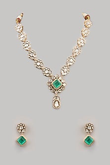 Gold Finish Kundan Polki & Green Beaded Handcrafted Necklace Set