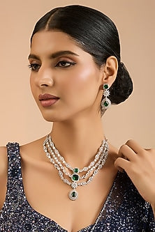 White Finish Zircon & Green Onyx Necklace Set