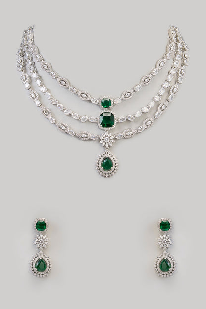 White Finish Zircon & Green Onyx Necklace Set