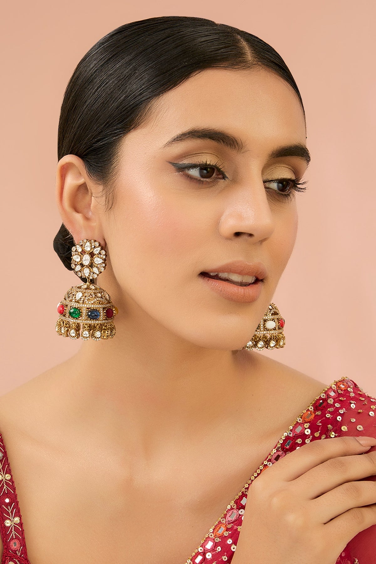 Gold Finish Kundan Polki & Navratna Stone Chandbali Earrings