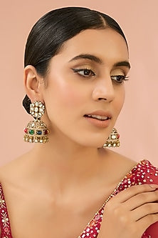 Gold Finish Kundan Polki & Navratna Stone Chandbali Earrings