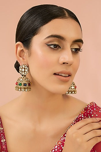 Gold Finish Kundan Polki & Navratna Stone Chandbali Earrings