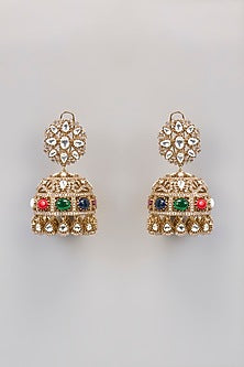 Gold Finish Kundan Polki & Navratna Stone Chandbali Earrings
