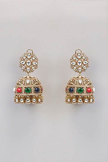 Gold Finish Kundan Polki & Navratna Stone Chandbali Earrings