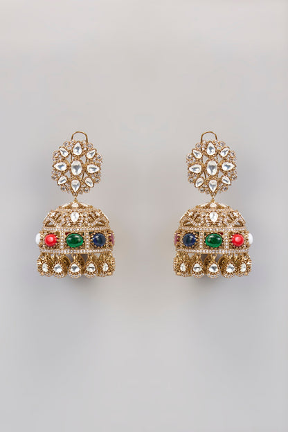 Gold Finish Kundan Polki & Navratna Stone Chandbali Earrings