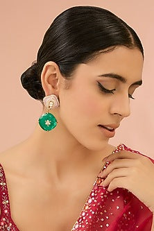 Gold Finish Kundan Polki & Green Stone Dangler Earrings