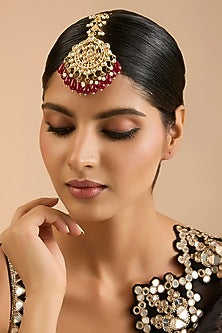 Gold Plated Kundan Polki & Red Onyx Drop Maangtikka