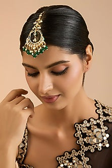 Gold Plated Kundan Polki & Green Onyx Drop Maangtikka