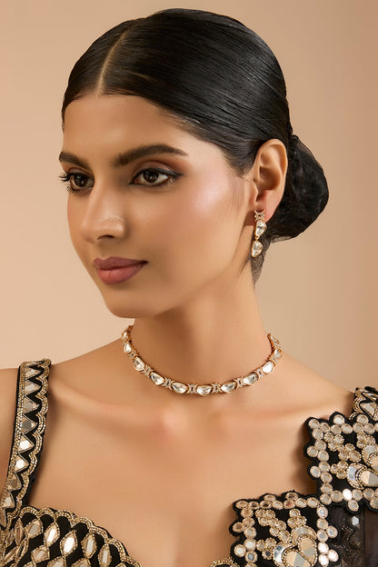 Gold Finish Kundan Polki & White Stone Necklace Set