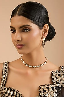 Gold Finish Kundan Polki & White Stone Necklace Set