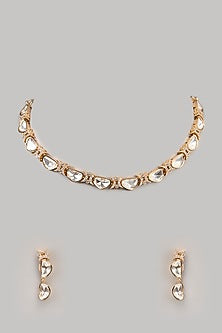 Gold Finish Kundan Polki & White Stone Necklace Set
