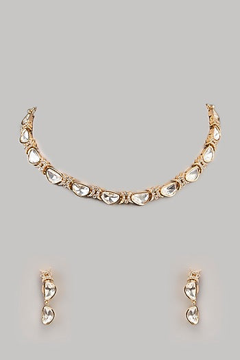 Gold Finish Kundan Polki & White Stone Necklace Set