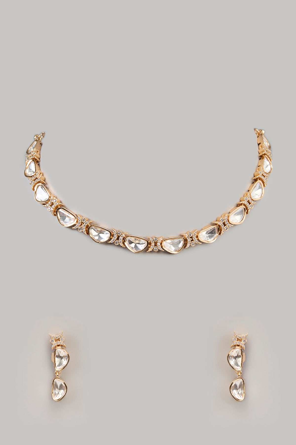 Gold Finish Kundan Polki & White Stone Necklace Set