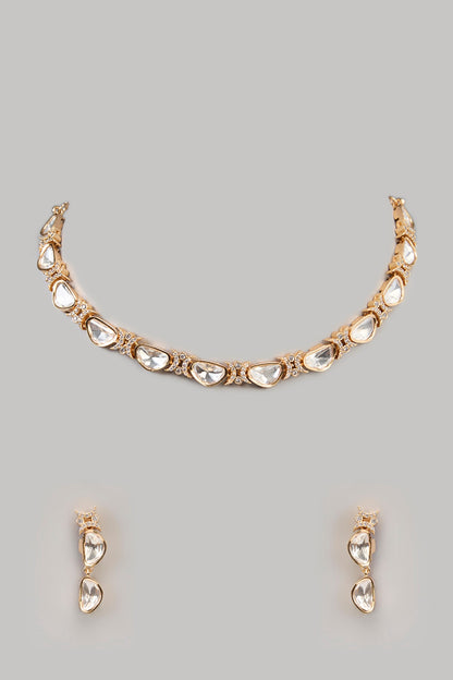 Gold Finish Kundan Polki & White Stone Necklace Set