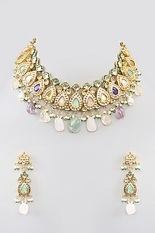 Gold Finish Kundan Polki & Beaded Necklace Set