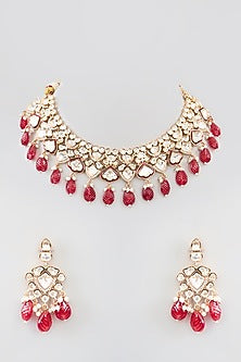 Gold Finish Kundan Polki & Red Beaded Necklace Set